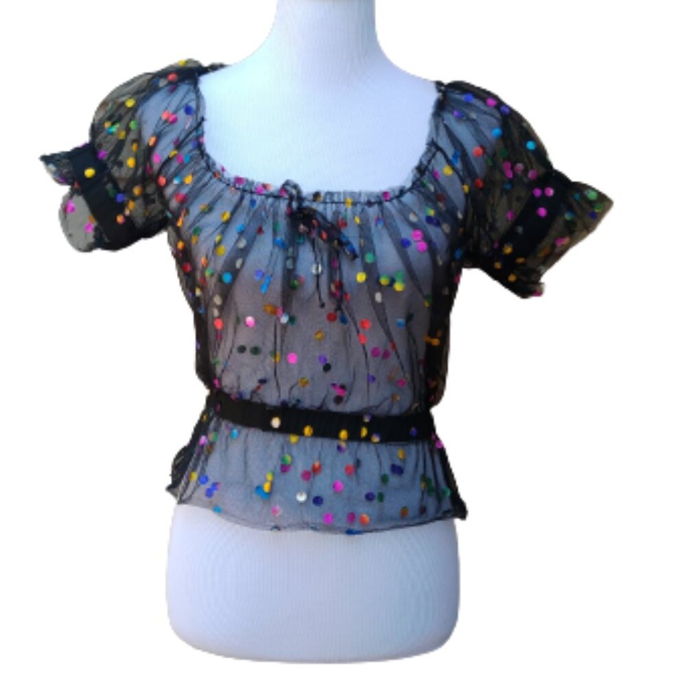 Black Sheer Tulle Blouse Multicolor Confetti Polka-Dots Peasant Peplum
